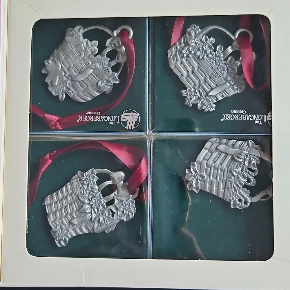 Longaberger Commemorative Pewter Basket Ornaments Set Of 4 1995 In Box EUC